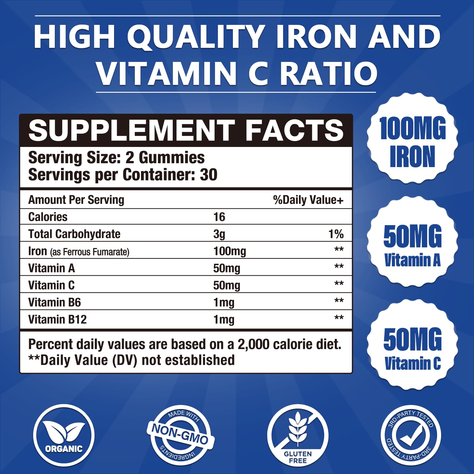 2 Pack 100MG Iron Supplements, Iron Gummies for Women & Men - Vitamin C, A, B12 - Complex, Improve Absorption, Energy Boost, Iron Deficiency for Adults & Kids - Complex Folate, Zinc, 120Cts — Amazon image 2