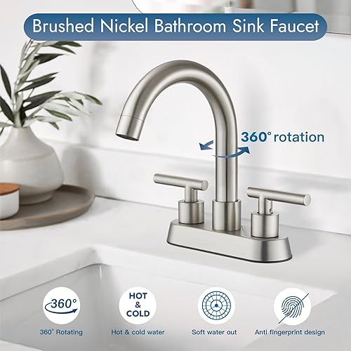 Miniatura 3 de Grifo de lavabo central de 4 pulgadas, doble asa, grifo de tocador de baño, boquilla giratoria de 360 grados, grifo mezclador de montaje en cubierta