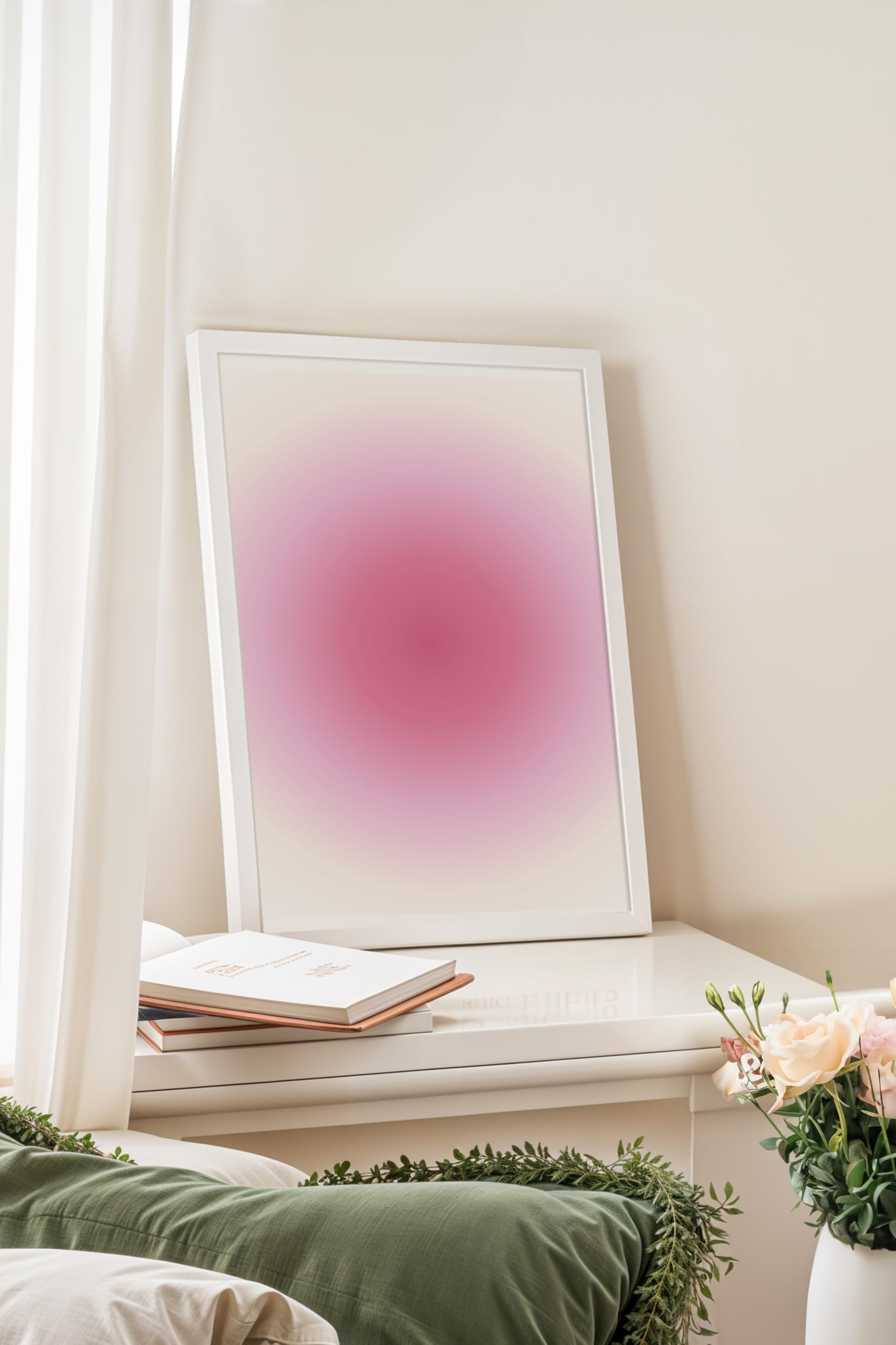 Zestia Beyaz Çerçeveli Tablo, Pembe Gradyan Arka Plan, Soyut Yumuşak Geçiş Poster No: 107659 50 x 70
