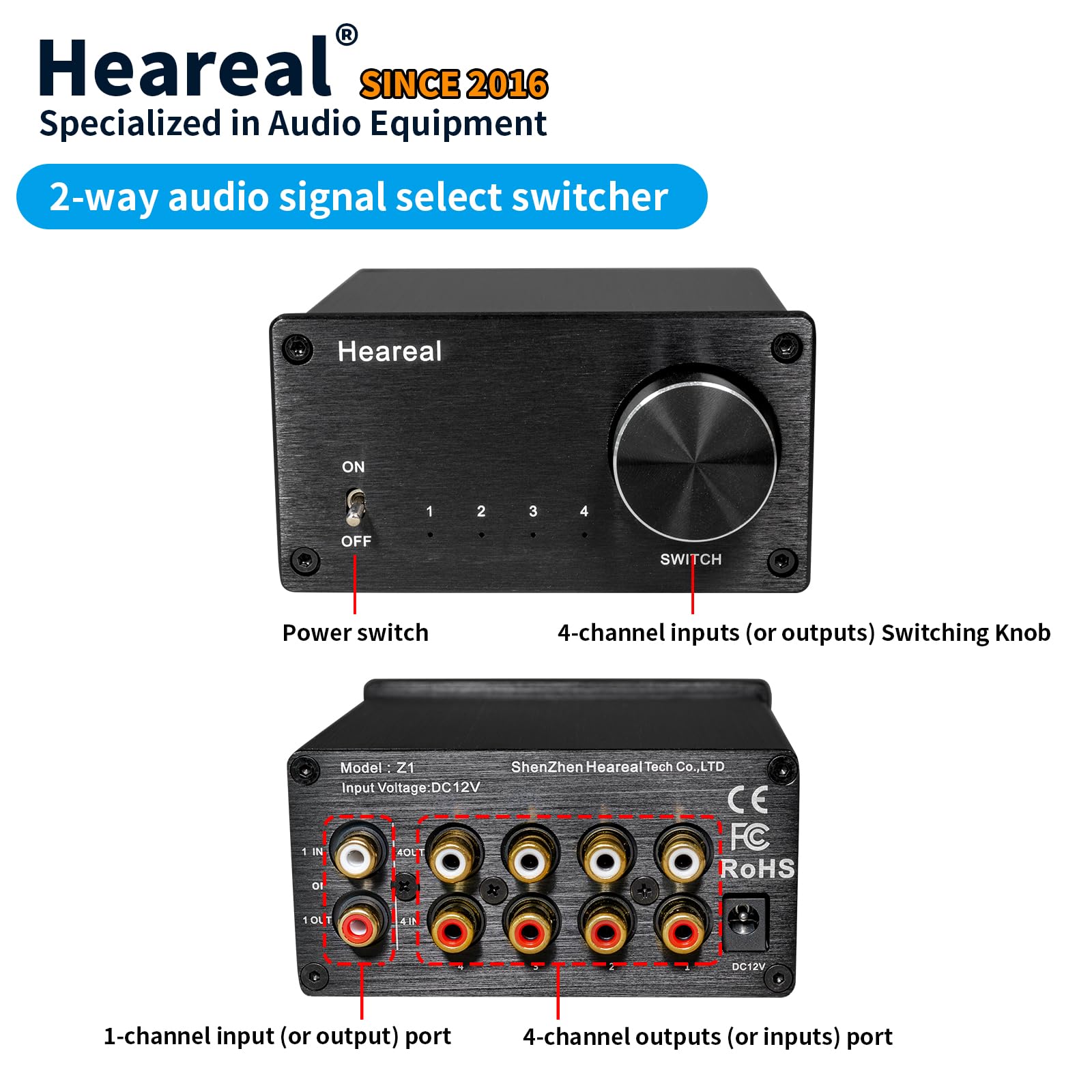 Selettore di commutazione audio RCA, 4 in 1 Out/1 in 4 Out, connettori placcati oro, guscio in alluminio, nessuna perdita di segnale, per amplificatore lettore CD Home Theater (4 in 1-out/1-in-4-out)