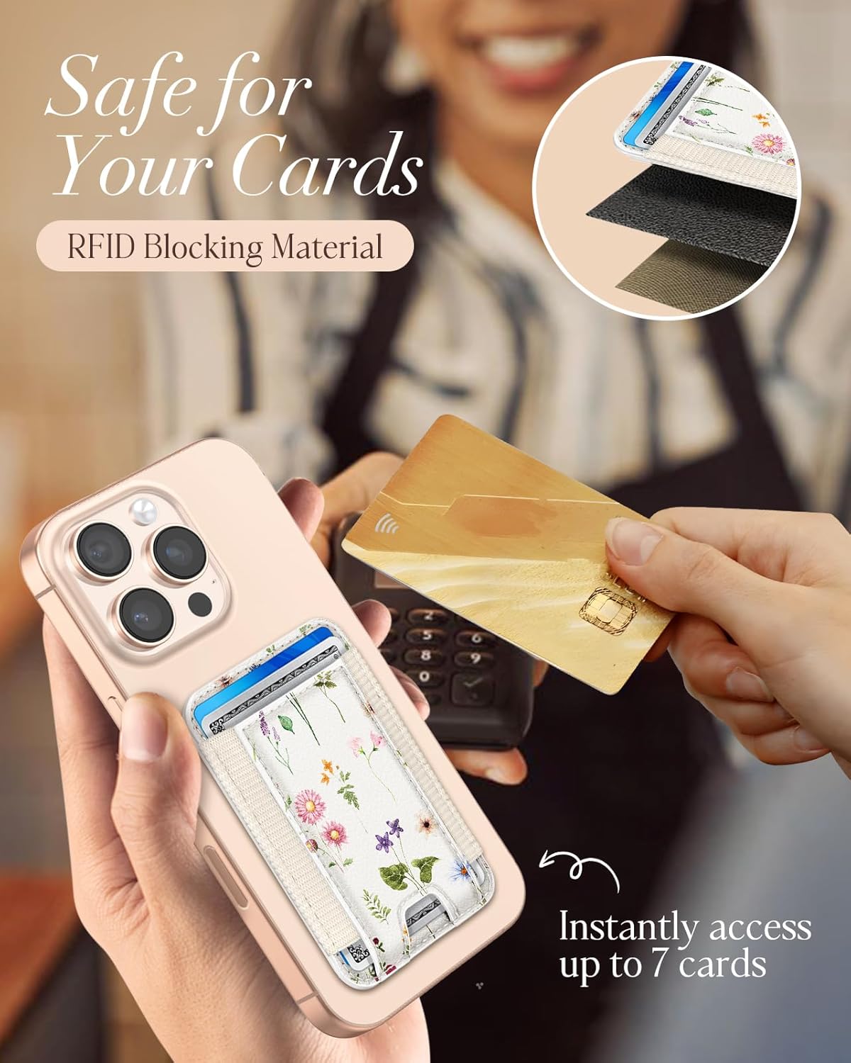 Shorogyt Compatible with Magsafe Wallet - for Magnetic Leather Card Holder Line Flower Design for Women Girls for iPhone 17/16/15/14/13/12 Series Cute Aesthetic Card Wallet with Elastic, Fit 7 Cards - Image 5