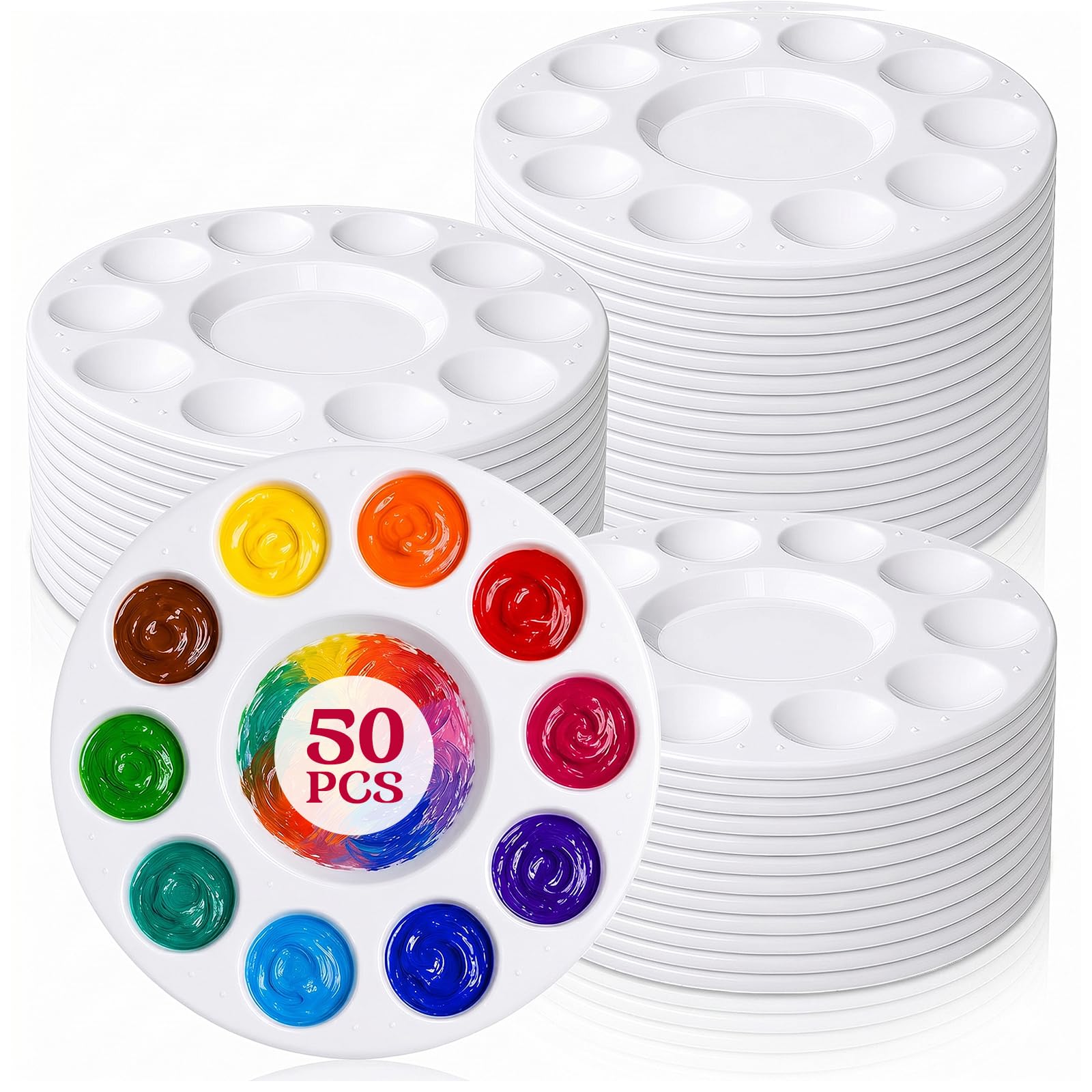 Muiltvoe 50 Pcs Plastic Paint Tray Palettes, Acrylic Paint Palettes with 10 Wells and 1 Central Reservoir, Round Painting Palette for Watercolor DIY Craft Professional Art Painting-White,6.7 inch
