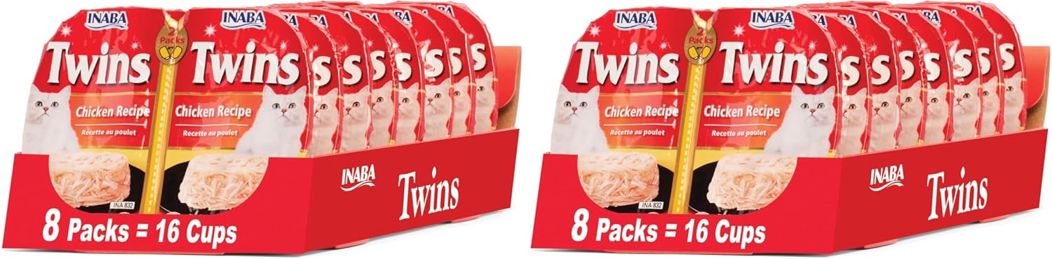 INABA Twins for Cats, Shredded Chicken & Broth Gelée Side Dish/Topper Cups with Vitamin E, 1.23 Ounces per Serving, 16 Servings, Chicken Recipe (Pack of 16)