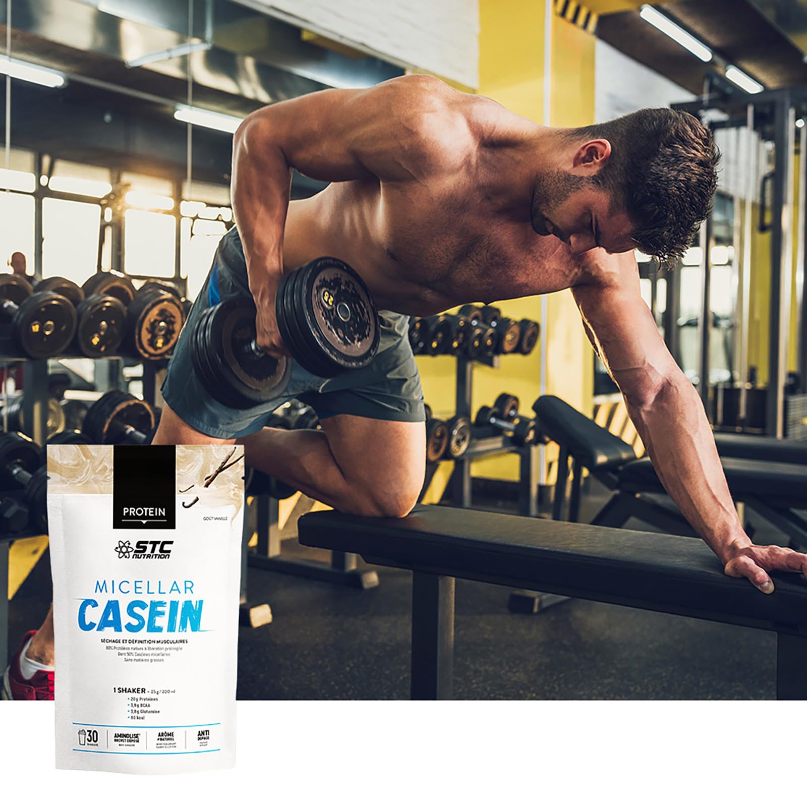 STC NUTRITION – Micellar Casein – Protéines Natives – Développement Muscle Sec – Innovation Brevetée Aminolise 100% Digeste - Sans Colorants, Sans Gluten – Goût Vanille - 25 Shakers – Doypack 750g