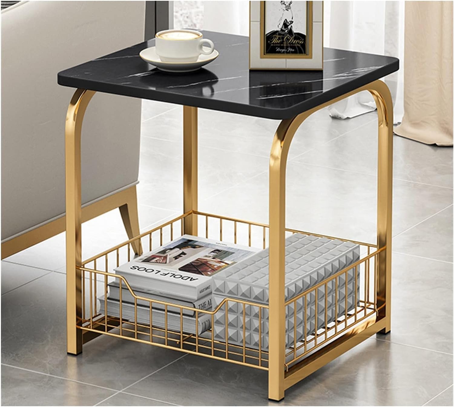 Zamofy American Accent Metal End Table Modern Dual Storage Side Table, Coffee Table Small Indoor Outdoor Tea Table with Elegant Marble Look (Gold Black) (B0D5FY3G3S) Amazon Price History, Amazon Price Tracker