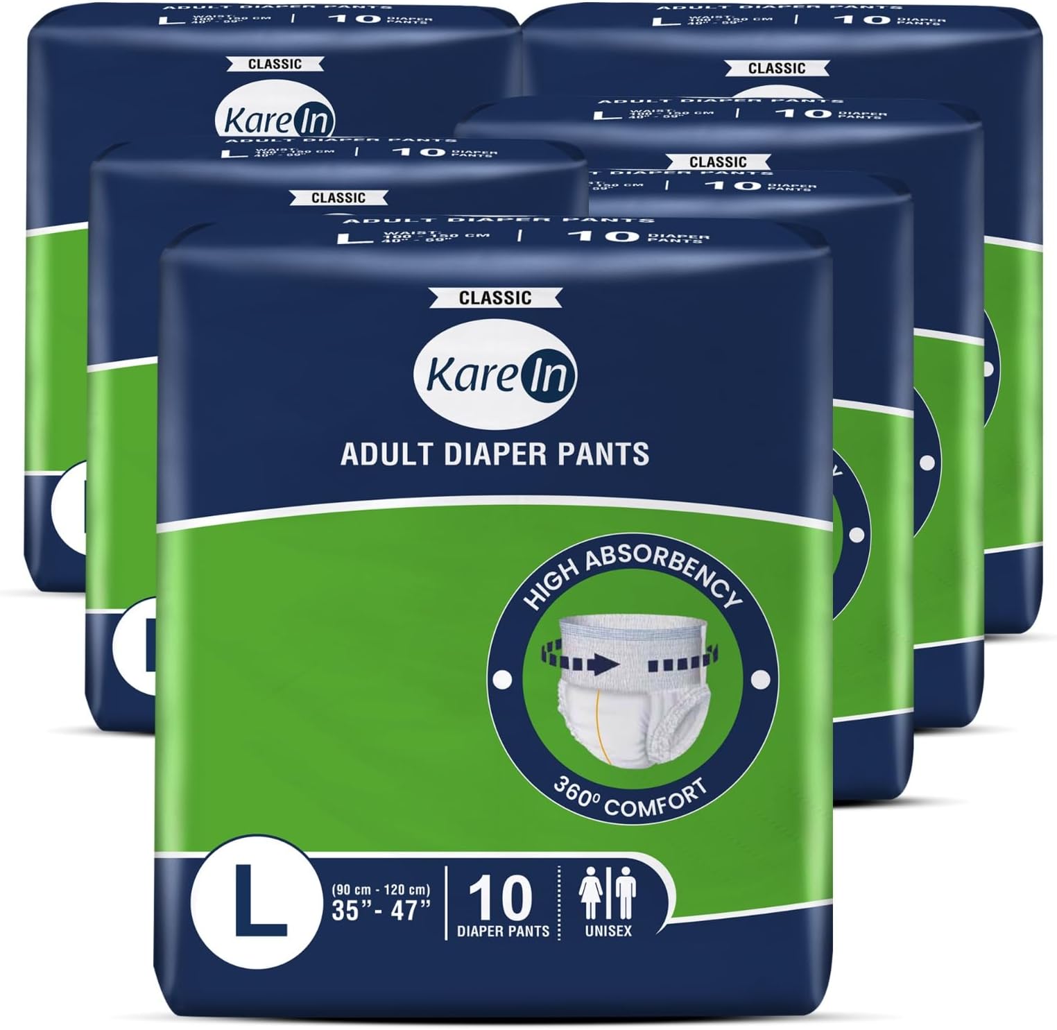 - Classic Adult Diaper Pants, Large 90-120 Cm (35"- 47"), 60 Count, Unisex, Leakproof, Elastic Waist, Wetness Indicator, Pack of 6