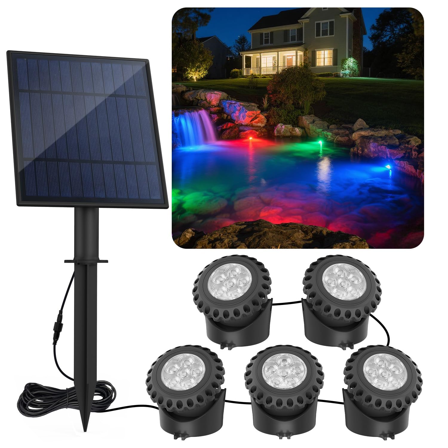 T-SUNSolar Pond Lights, RGB Underwater Spot Light Set of 5 Lights 6 LEDs Landscape Spotlight Underwater Lights IP68 Waterproof Amphibious Light for Fish Tank Garden Yard Pool Fountain Pond WaterfallGlobal Recycled StandardGlobal Recycled StandardGlobal Recycled Standard