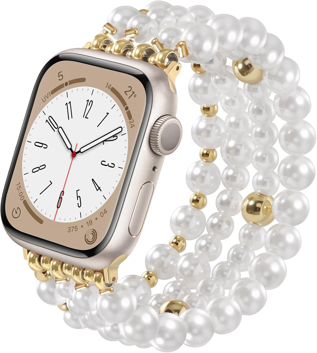 V-MORO Compatible with Apple Watch Band Pearl Series 11/10/9/8/7 46mm 45mm 44mm 42mm Women Fashion Handmade Beaded Elastic Strap Dressy Stretch Bracelet for iwatch SE Series 6/5/4/3/2/1-White/Gold