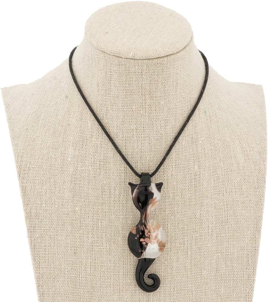 Glass Of Venice Murano Glass Cat Pendant - Black and White