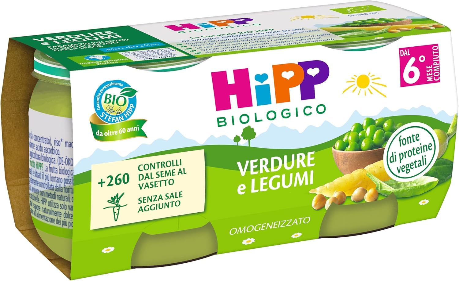 HiPP - Omogeneizzato Biologico per Neonati, Gusto Verdure e Legumi, Fonte di Proteine Vegetali, 24 Vasetti da 80 gr