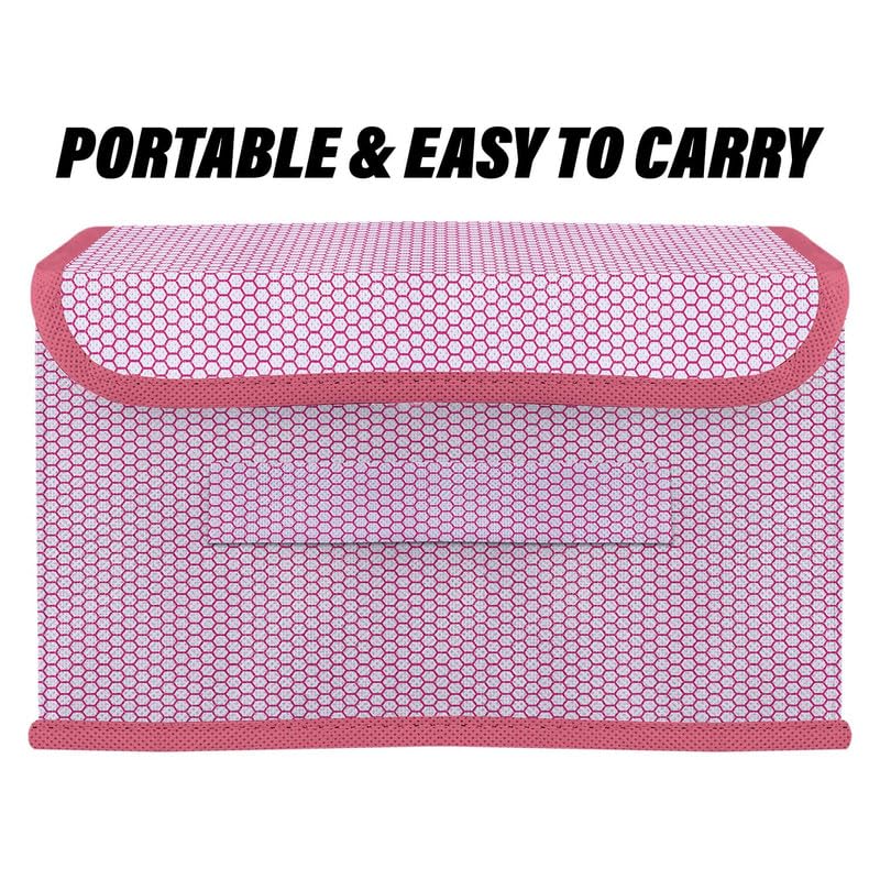 Image of Non Woven Multipurpose Zig Zag Storage Box /Bin With Lid & Side Handle Wardrobe Closet Organizer For Clothes, Toys, Books (Pink, Pack of 2)