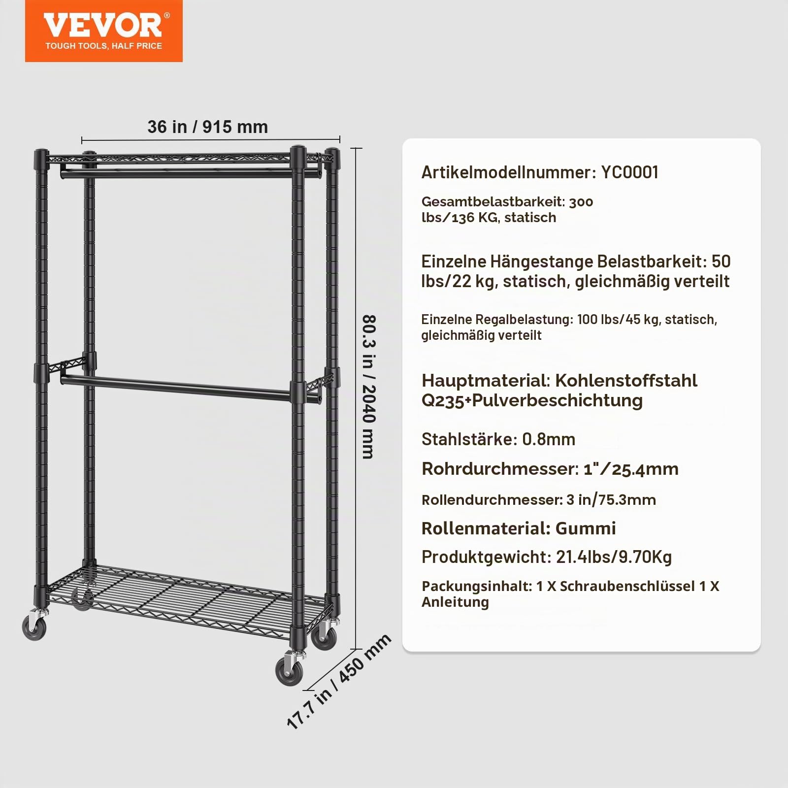 VEVOR Rollbarer Kleiderständer Garderobenständer 1 Kleiderstange, 2-lagig, 136 kg Belastbar Strapazierfähiger Rollbarer Kleiderständer für Schlafzimmer, Wäscheraum, Ankleidezimmer, Eingang usw.