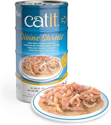 Catit Divine Shreds in Jelly, comida húmeda prémium para gatos, atún con pollo y wakame