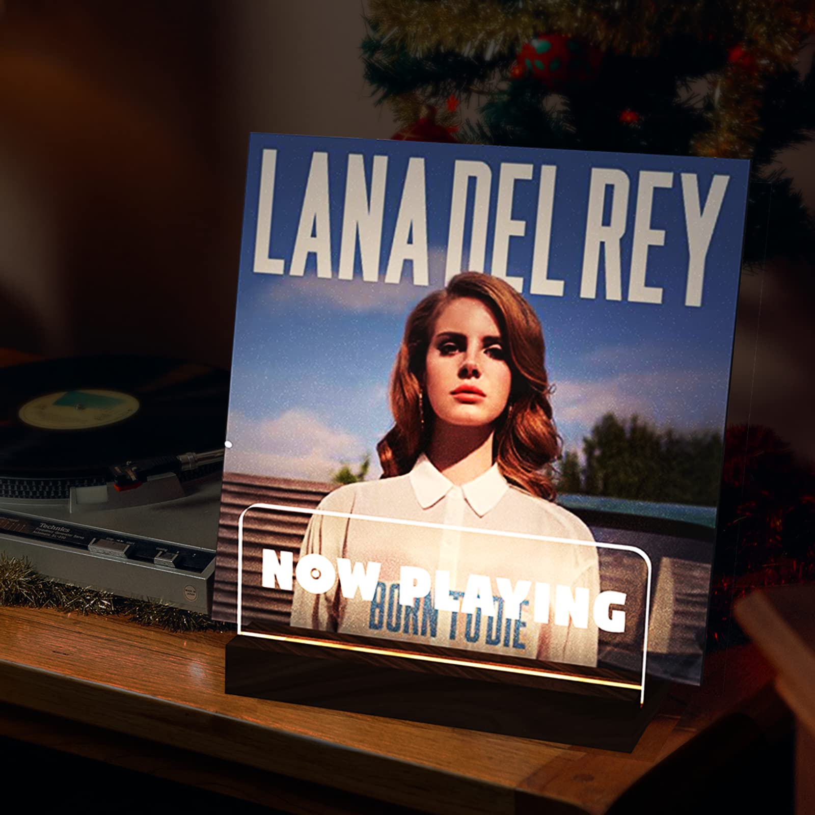 POSVIUNow Playing Vinyl Record Stand - LED Lighting Display, Solid Walnut & Acrylic,Vinyl Record Holder for LP Albums, Warm Lights (Walnut)