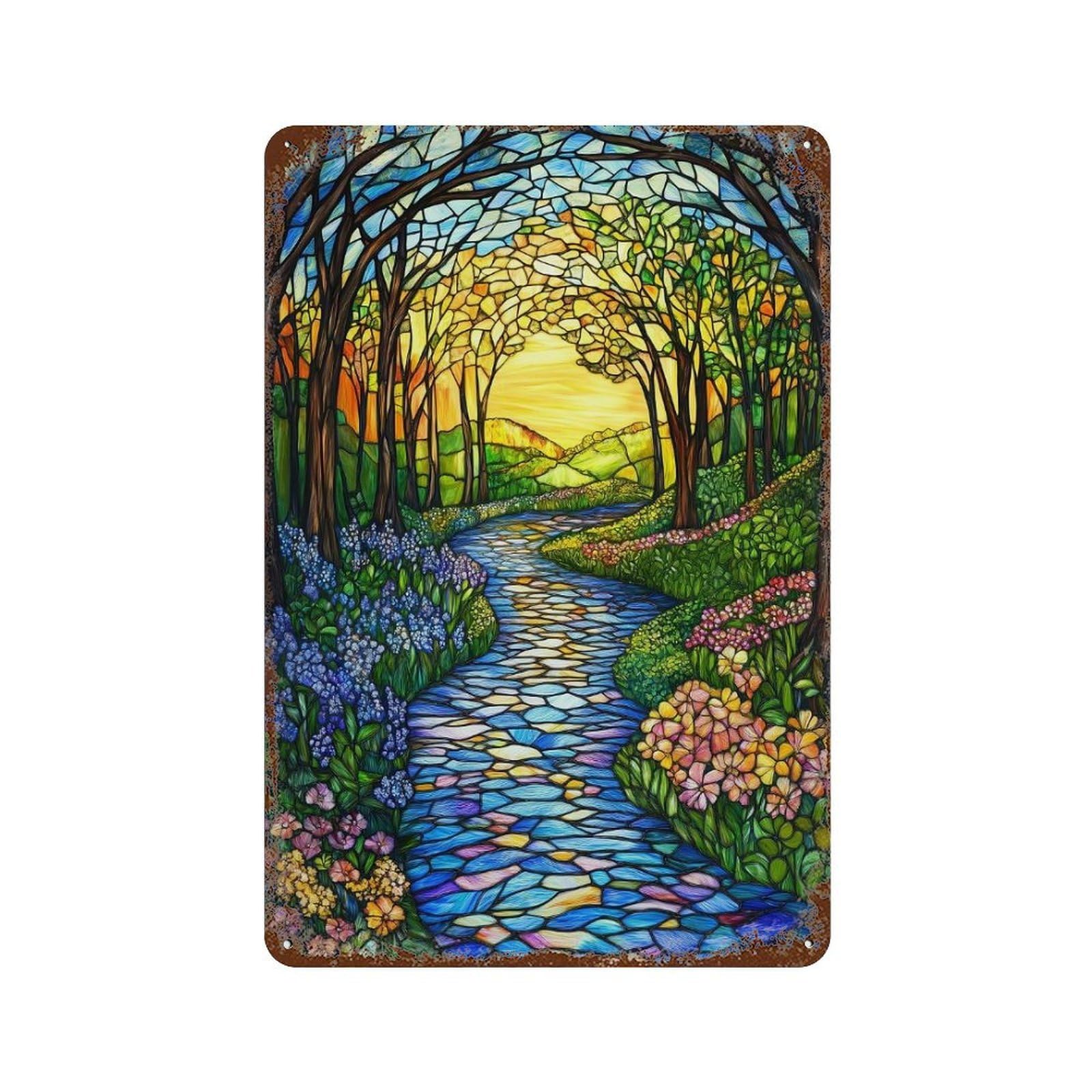 Stained Glass Forest Path 11.8"x7.9" Rusty Metal Tin Sign, Novelty Wall Decor for Cafe, Home Bar And Lounge Decor