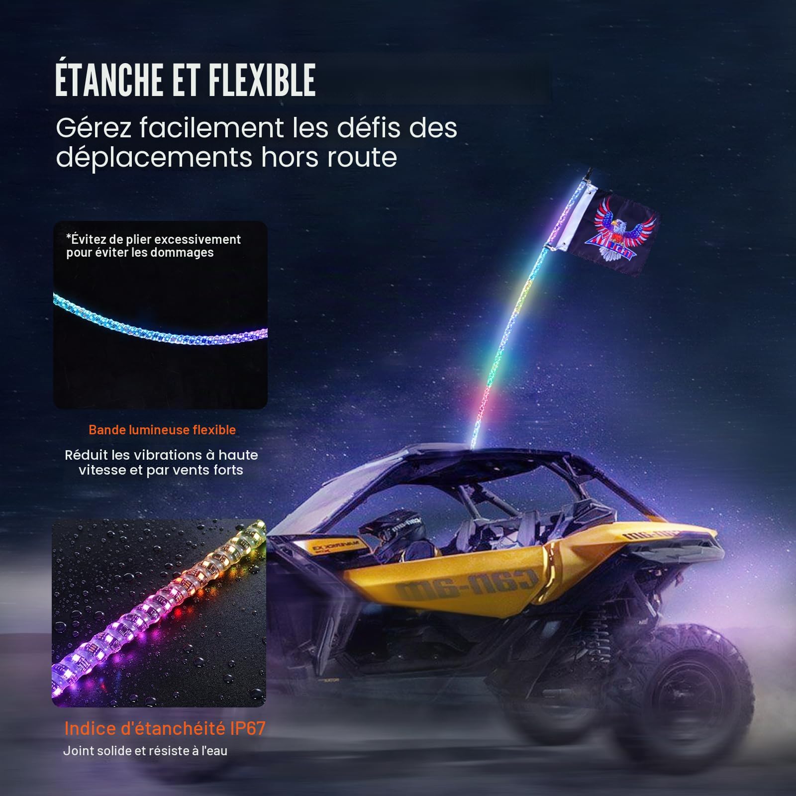 VEVOR Fouet Lumineux LED de 91 cm avec Base à Ressort, Télécommande APP et RF, Étanche à 360° en Spirale RVB avec 2 Drapeaux, Éclairage pour UTV, VTT, Motos, RZR, Camions, Tout-Terrain, 1 Pièce