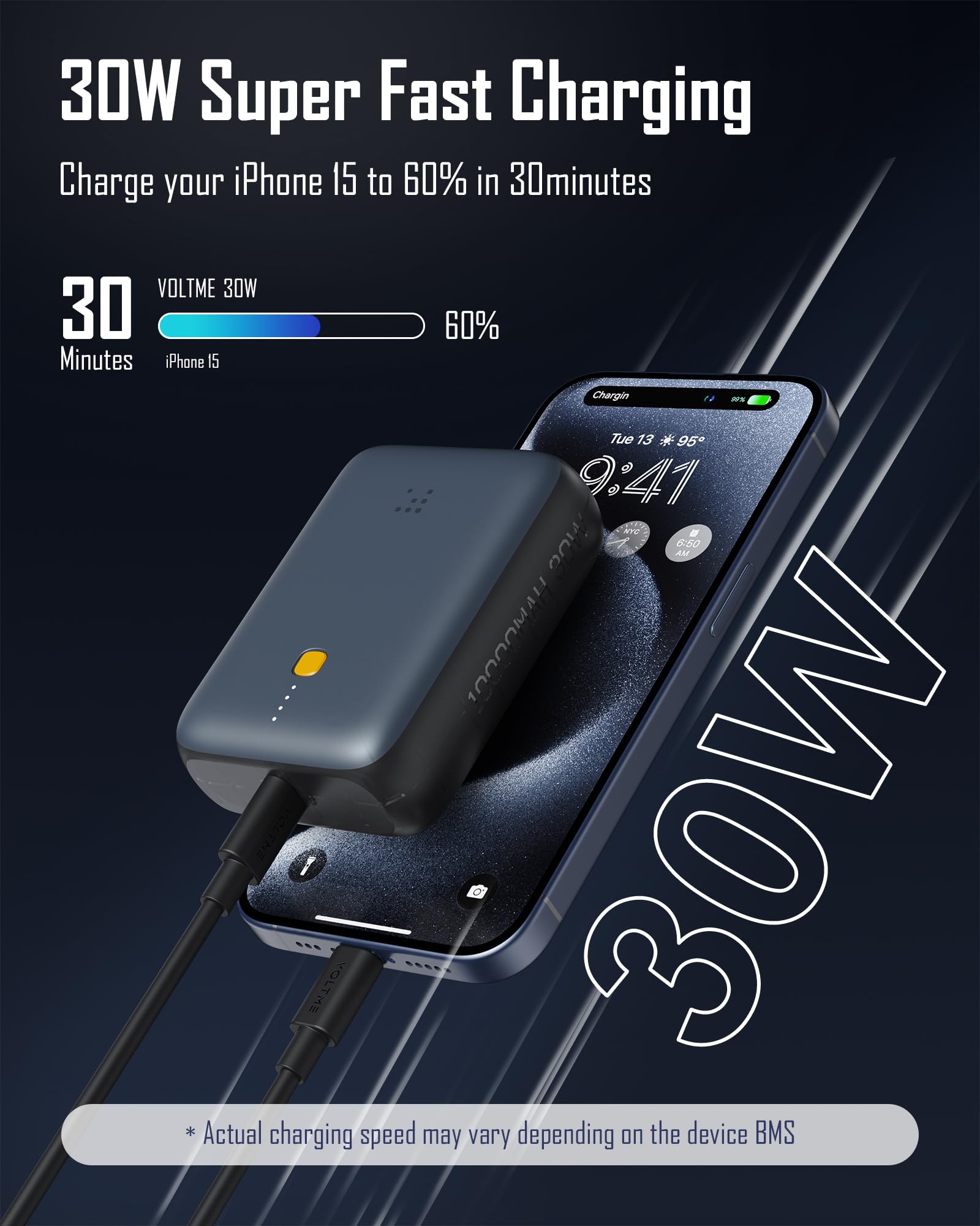 VOLTME Power Bank 10,000mAh USB-C PD30W, Caricatore Portatile Ricarica Rapida 2-Port,USB-A 22.5W Hypercore 10K Pro blu, Batteria esterna piccola e piatta per il viaggio carica veloce smartphone