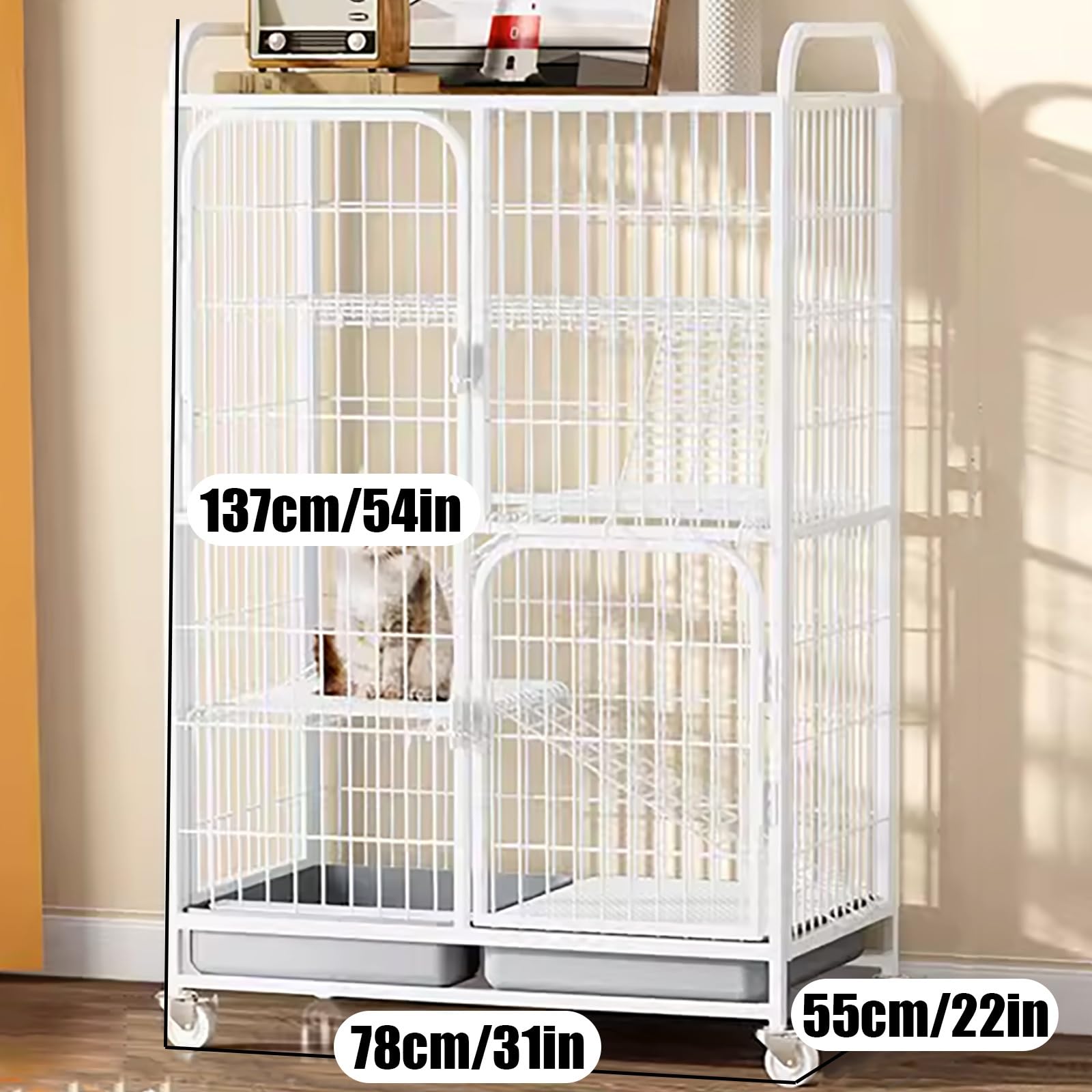 Gabbia per gatti grande, gabbia per animali domestici, gabbia per gatti in filo metallico, box giochi, cuccia per gatti da interno, fondo con rotelle, posizione di movimento libero, per 1-2 gatti