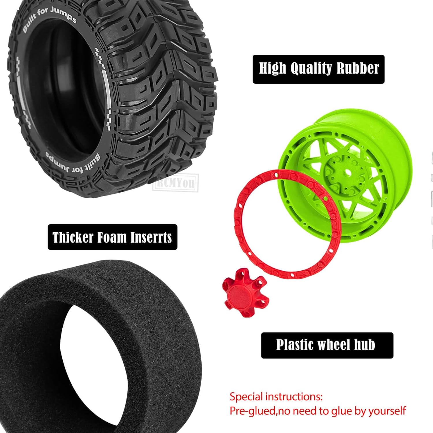 RC Truck Wheel and Tires for 1/16 Summit E-REVO Gorgon GROM MINI KRATON M-J-X H-B-X S-C-Y RC Car,Monster Truck Car Wheel Tires w/Plastic Wheels Rim,Soft Tire Highway Wheels (4PCS),Green Red