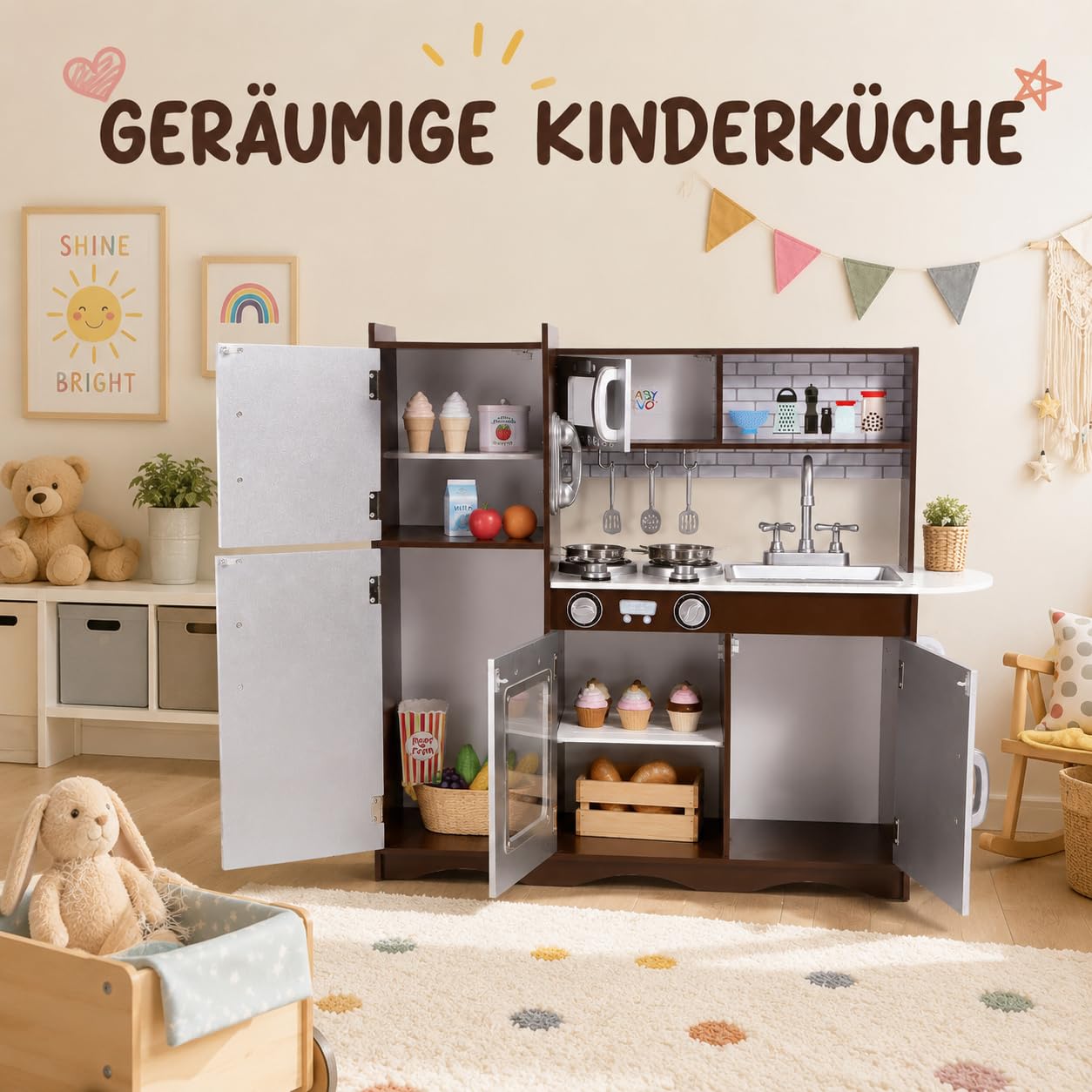 Baby Vivo Kinderküche Spielküche Set aus Holz Kinderspielküche Küche Holzküche Spielzeugküche - Toni in Braun