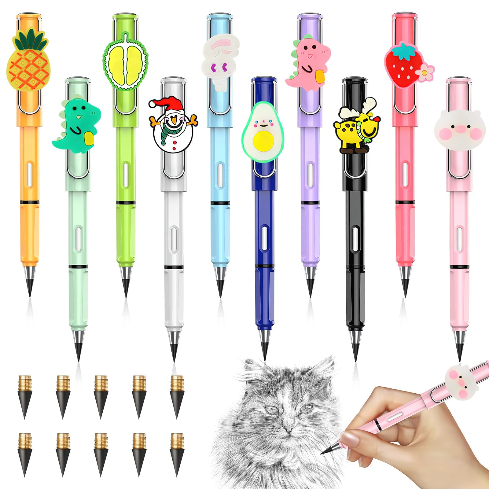 XIMEY Lápiz Infinito, 10 Piezas Lápiz Eterno para Niño, Lápiz Sin Tinta con Gomas, Lápiz Eterno Kawaii con 10 Lápiz Eterno Recambio, Lápiz Infinito Reutilizable para Escribir y Dibujar