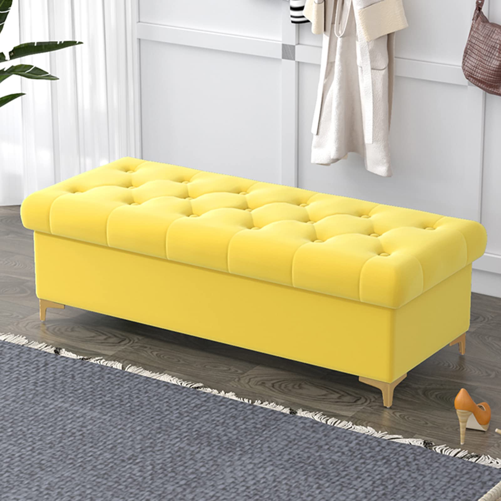 Banc de rangement velours capitonné jaune coffre repose-pieds 60cm