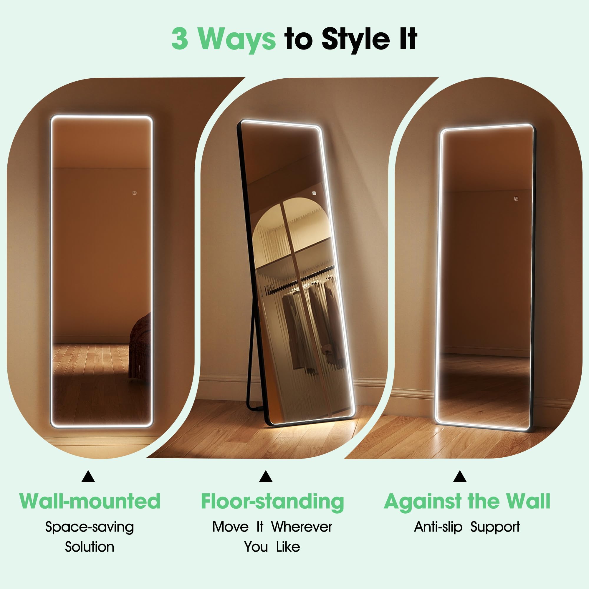 S'bagno Ganzkörperspiegel mit Beleuchtung 160x50 cm, Eisenrahmen, Spiegel Groß Dimmbar & 3000-6500K & Memory-Funktion, Verstärktes Glas, Standspiegel für Ankleidezimmer und Schlafzimmer, Schwarz