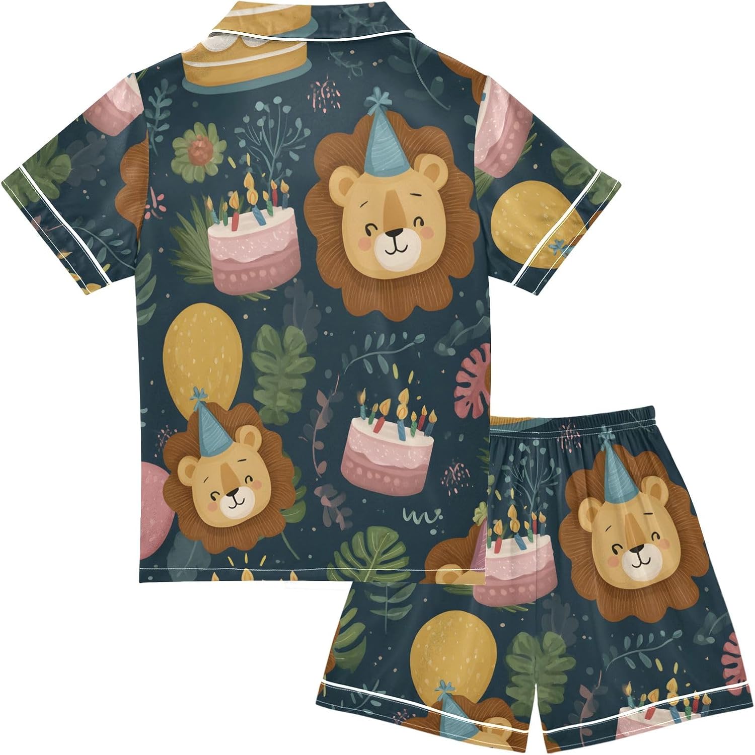 Kids Casual Satin Wear Set Lion Birthday Pattern Unisex Short Sleeve Clothing for Relaxing