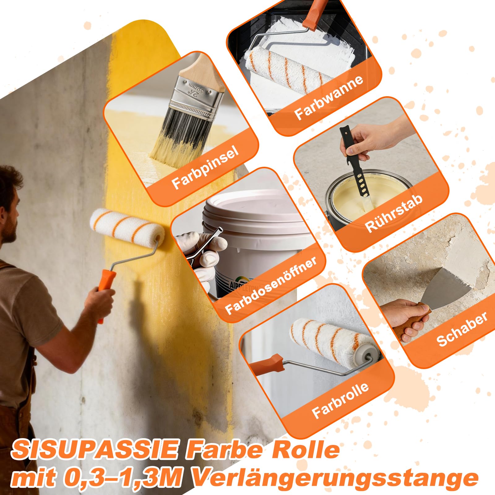 SISUPASSIE Farbroller Set mit 0,3–1,3 m Teleskopstange, 27-teiliges Malerrolle zum Streichen, 23 cm und 10 cm Lackrolle, Pinsel, Farbwanne, Mikrofaser-Rollerbezüge für Wände, Decken und Türen