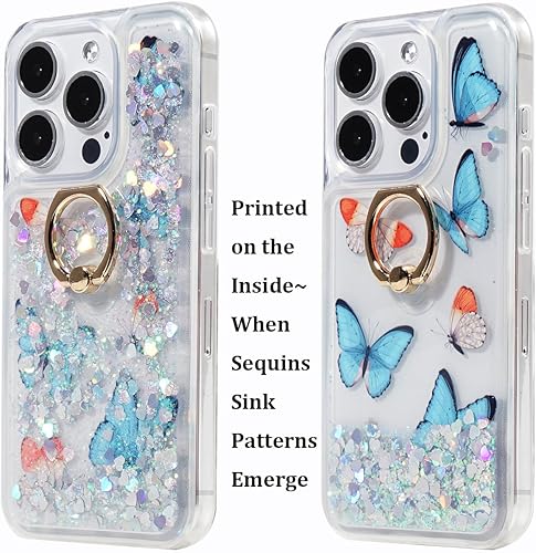 Miniatura 9 de FLOCUTE Funda con purpurina con soporte de anillo compatible con iPhone 15 Pro, funda con purpurina, soporte de anillo transparente, TPU suave,