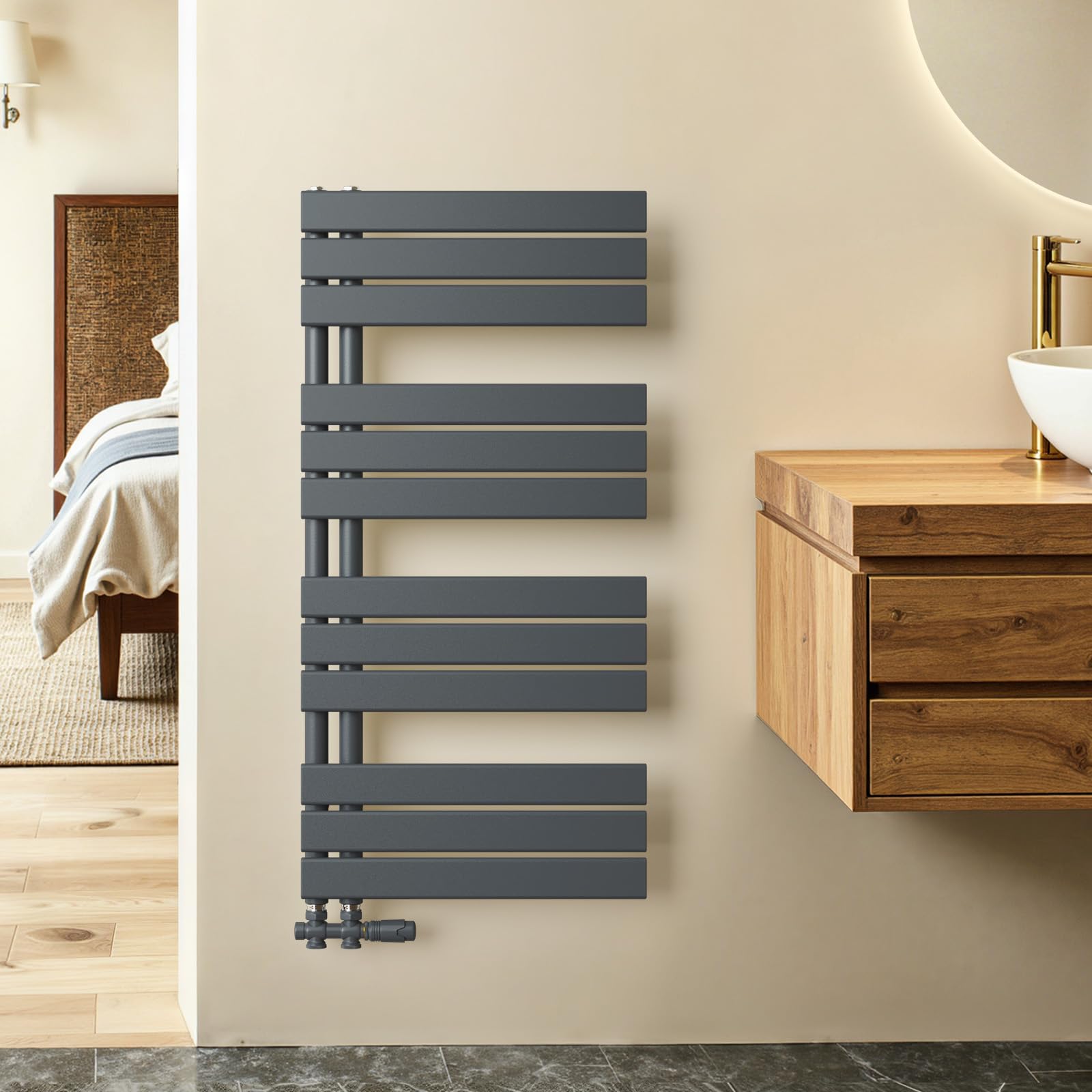 Radiador Toallero de Agua 1041x500 mm, 555 W, Antracita | Radiador para Baño con Conexión Central, Calefacción por Agua, Acero Vertical para Secar Toallas (Sin Válvula)