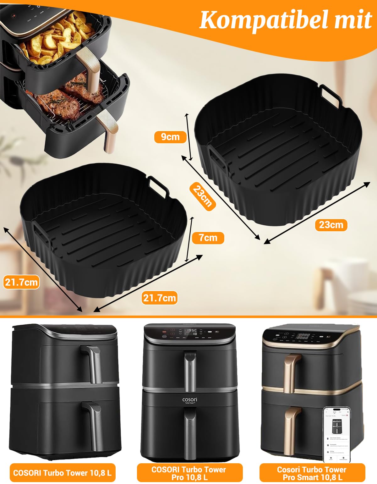 Silikonform Heißluftfritteuse Zubehör Exklusiv für Cosori Turbo Tower, Cosori Turbo Tower Pro & Smart 10,8L Double Stack Airfryer, Wiederverwendbar Air Fryer Silikon Einsatz (6,5L & 4,3L)
