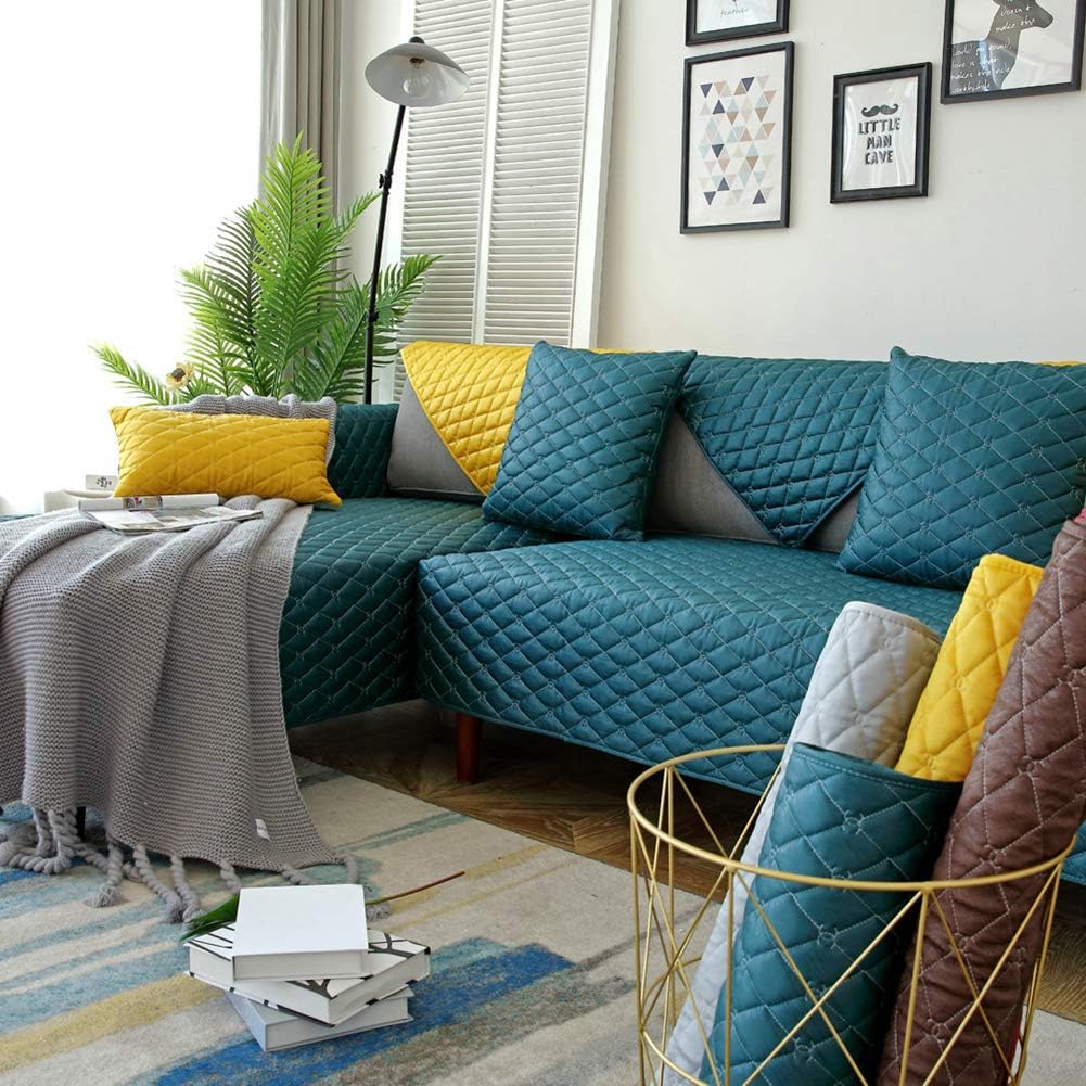Quilted Anti-Slip Washable Sectional Sofa Cover for Dogs Cats Pet,Stains Resistant Furniture Protector,Waterproof Couch Slipcover Ink Green 1pc-90x180cm/35x71inch-rectangle