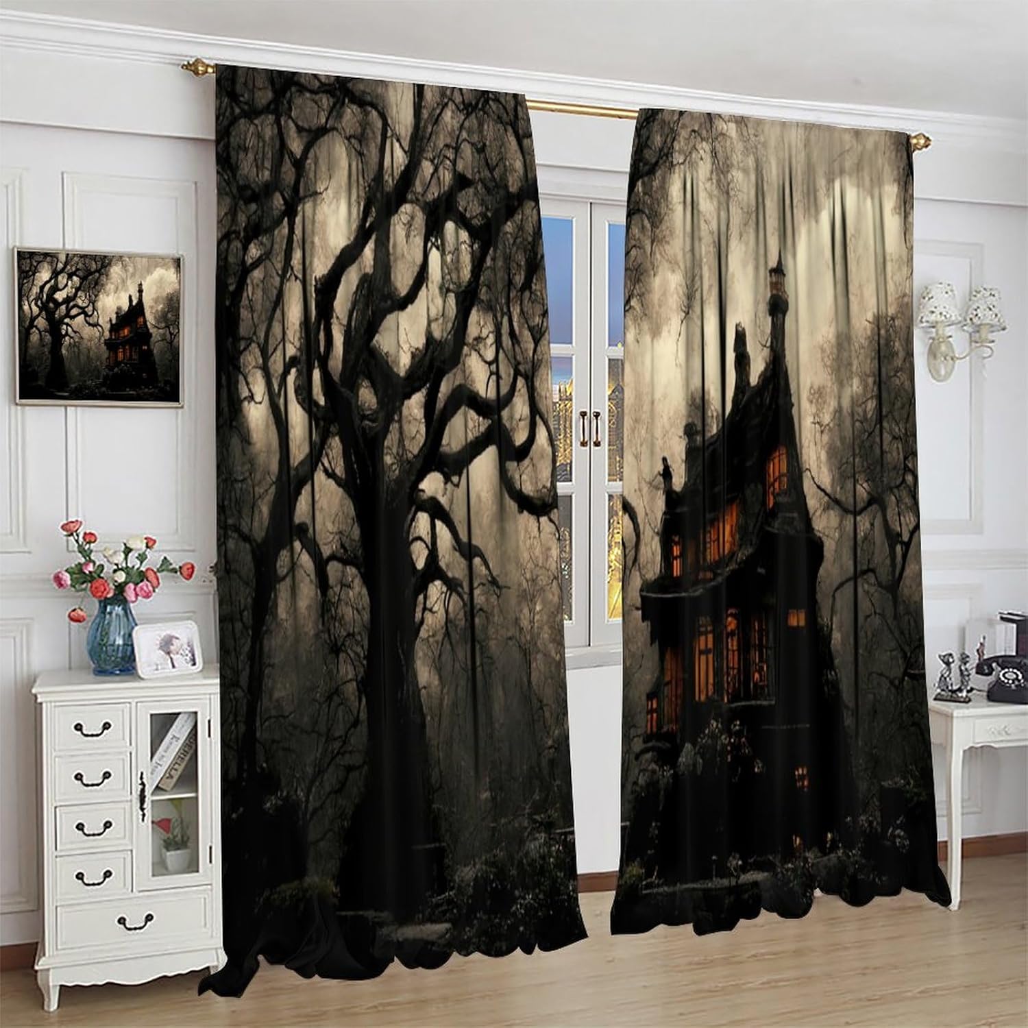 Gothic Blackout Window Curtains, Spooky House in Dark Mystical Forest for Cafe Room Chidren Window Curtain Drapes 2 Panels 42x45 Inch