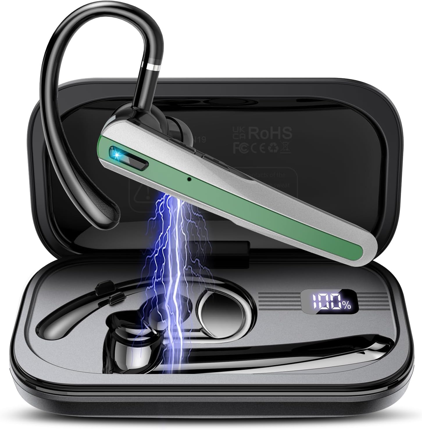 Bluetooth Headset V5.3, Wireless Earpiece with Dual ENC Noise Canceling Mic, 120H Hand-Free Talk Single-Ear Bluetooth Earpiece with LED Display, IP7 Waterproof Headphones for Trucker/Business, Green