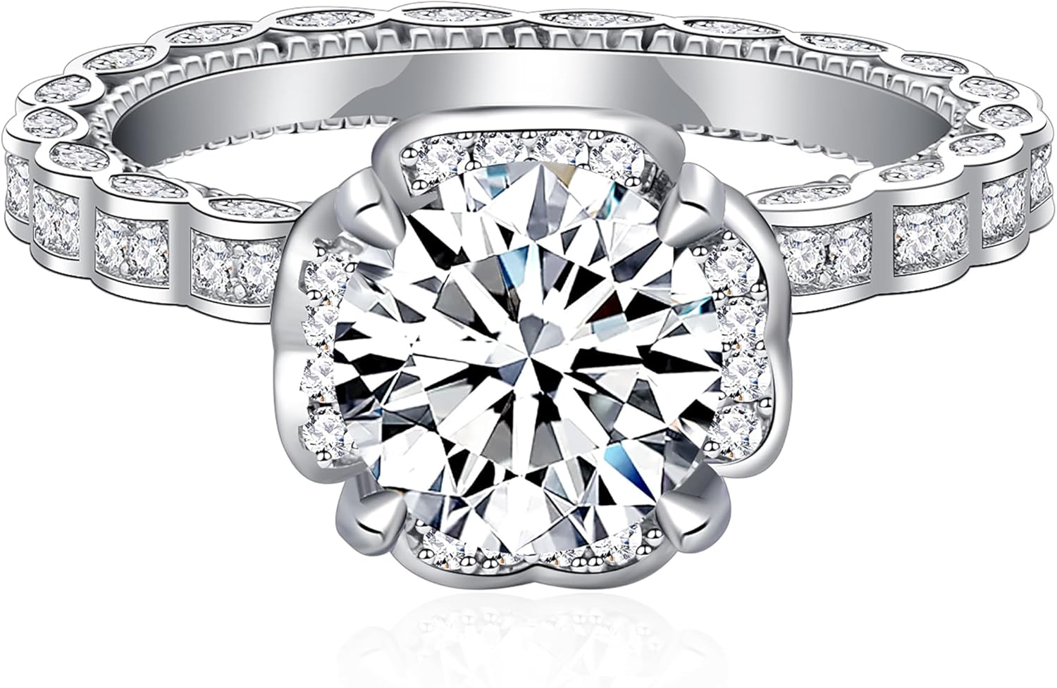 YSDD 2 Carat Moissanite Engagement Ring for Women, 925 Sterling Silver Plated 18K White Gold Fashion Flower Design Wedding Bridal Ring