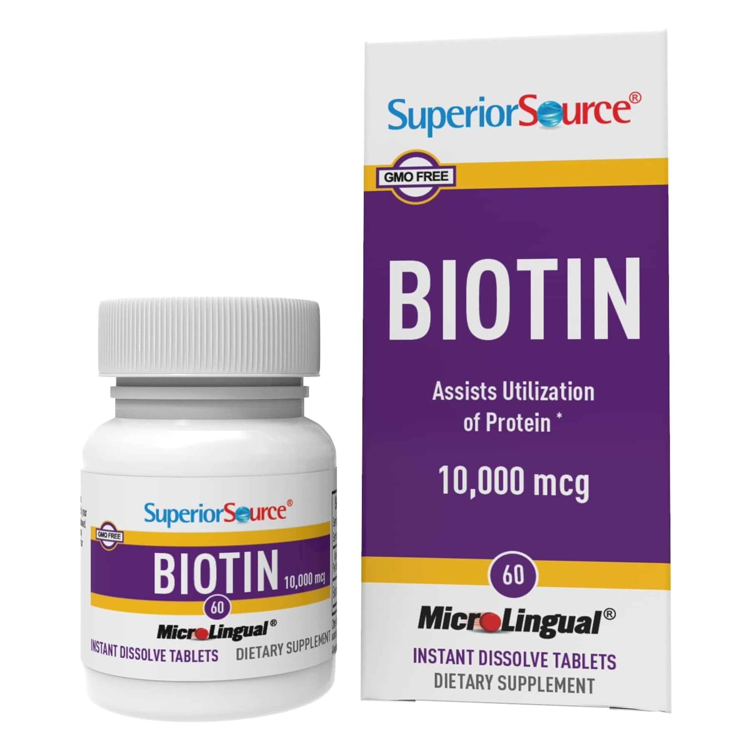 Superior SourceBiotin 10,000 mcg - Daily Supplement Supports Hair Health & Growth - Natural Biotin Supplement Aids Healthy Nails & Skin - 60 Sublingual Dissolving Tablets