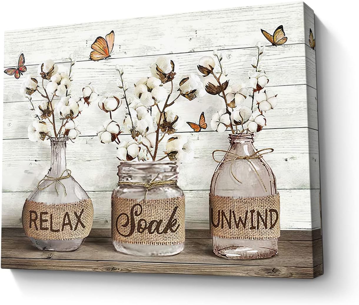 Parylore Farmhouse Bathroom Decor Wall Art Cotton Flower Picture Wall Decor Rustic Mason Jar Farmhouse Style Painting Framed Modern Artwork For Living Room Bedroom Bathroom Office Home Decor 12x16 In