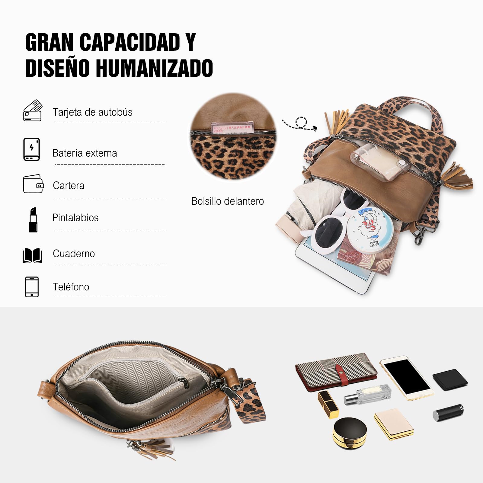 FANDARE Leopardo Bolso Bandolera Mujer Bolso de Hombro Boho Flecos Bolso Tote de PU Cuero Bolsa Crossbody para Trabajo, Oficina, Viaje
