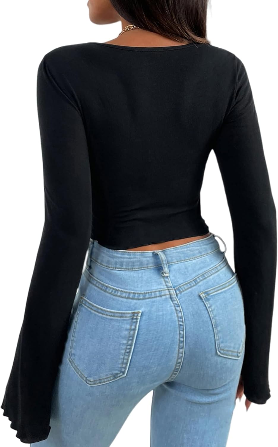 Avanova Women's Long Sleeve Square Neck Crop Top Twist Front Asymmetrical Shirt - Image 2