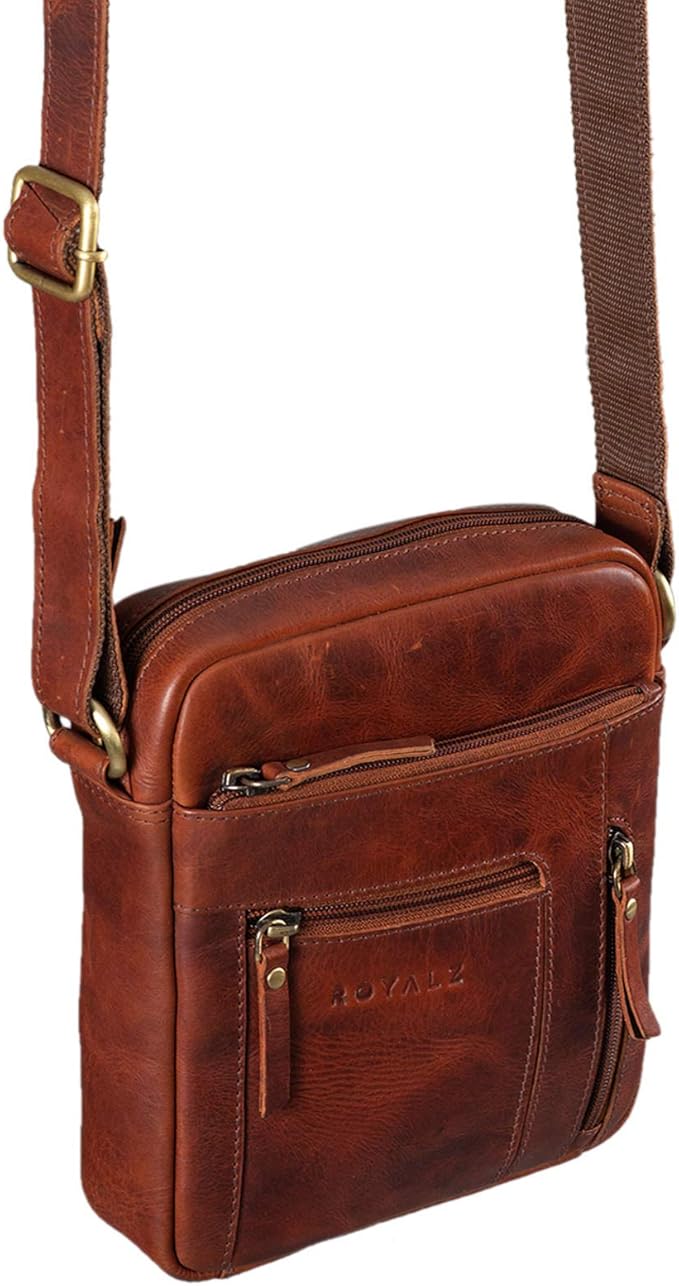 Sac Bandoulière Homme En Cuir Véritable ROYALZ 'Antonio' - Look Vintage, Dimensions 24x23x11 Cm, Plusieurs Compartiments