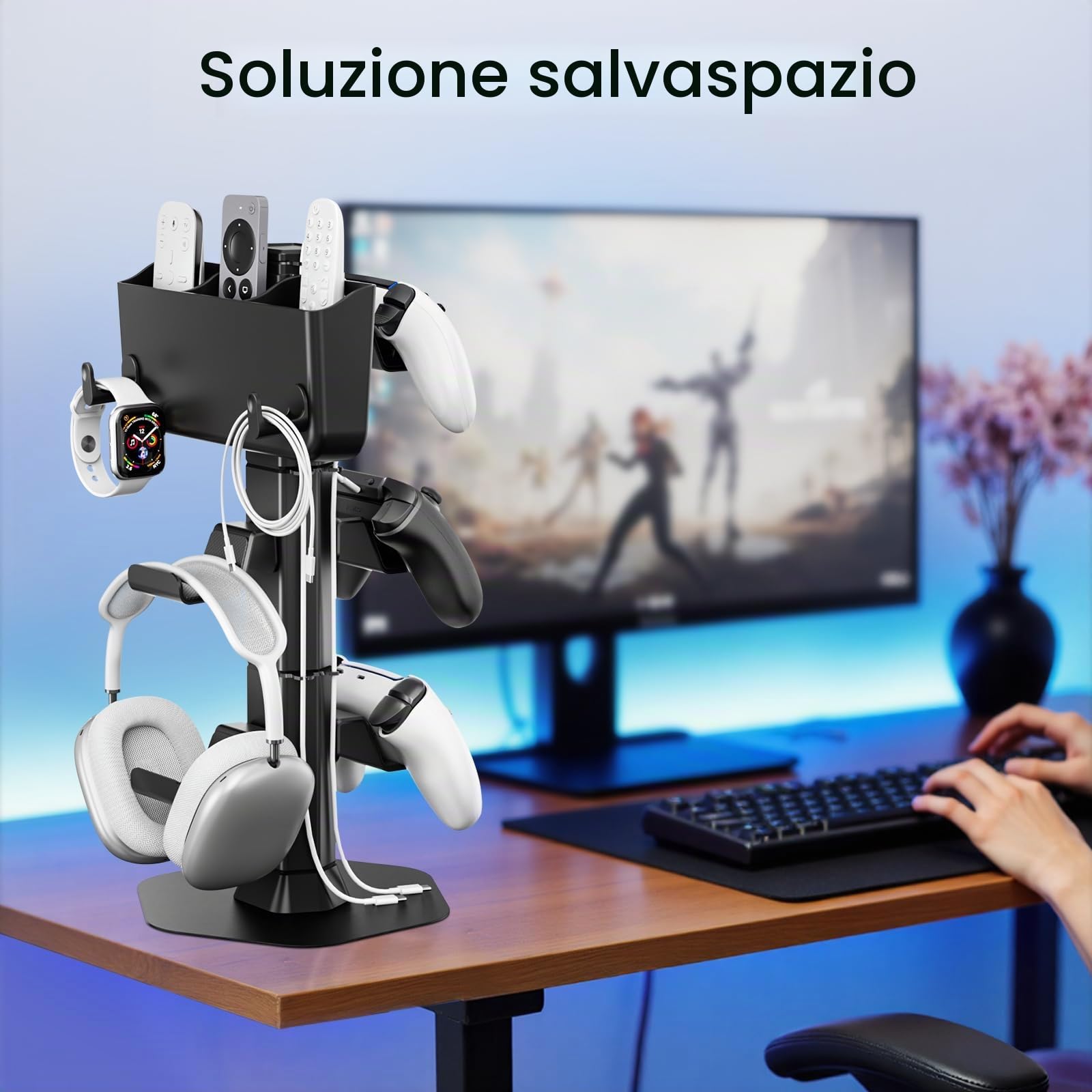 Supporto Controller e Cuffie con Porta Telecomando Condizionatore, Porta Joystick da Scrivania con 2 Ganci (per Orologi/Cavi) Accessori per PS5/PS4/Xbox/Switch, Organizer per Controller e Cuffi
