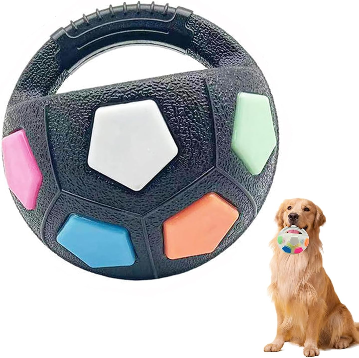 Dog Calming Ball with Handle – Squeaky Floating Dog Toy for Interactive Toss and Fetch Play, Treat Dispensing Rubber Football-Shaped Chew Toy for Medium to Large Breeds (Black)