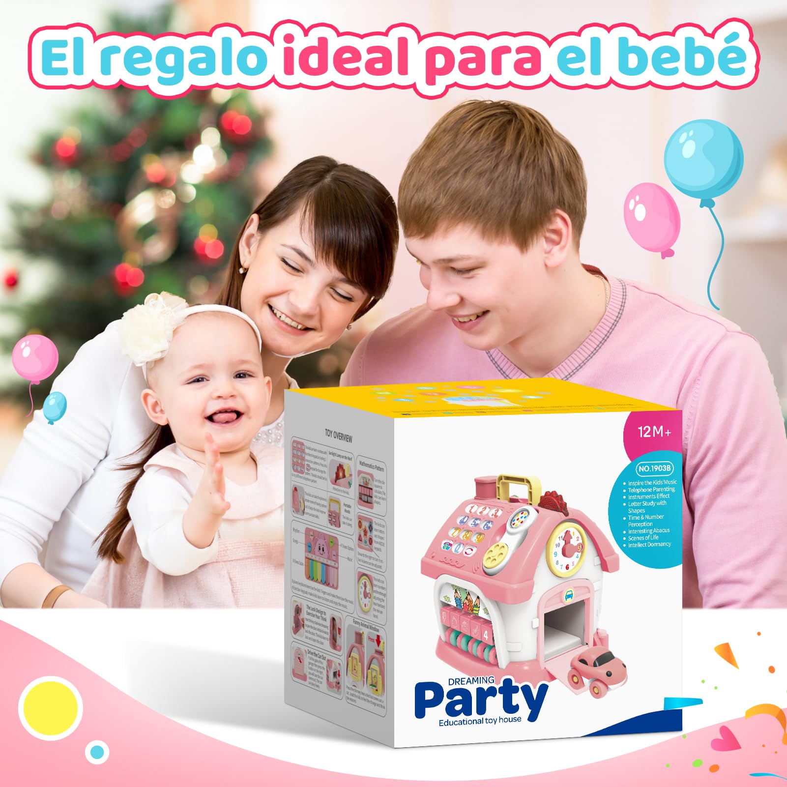 Juguetes Niñas 1 Año: Juegos Sensoriales Educativos para Niñas 1 2 3 Años, Juguete Montessori 6 en 1 Multifunción con Música, Reloj, Luz, Teléfono y Coche, Regalo Bebe 1 Año para Cumpleaños (Rosa)
