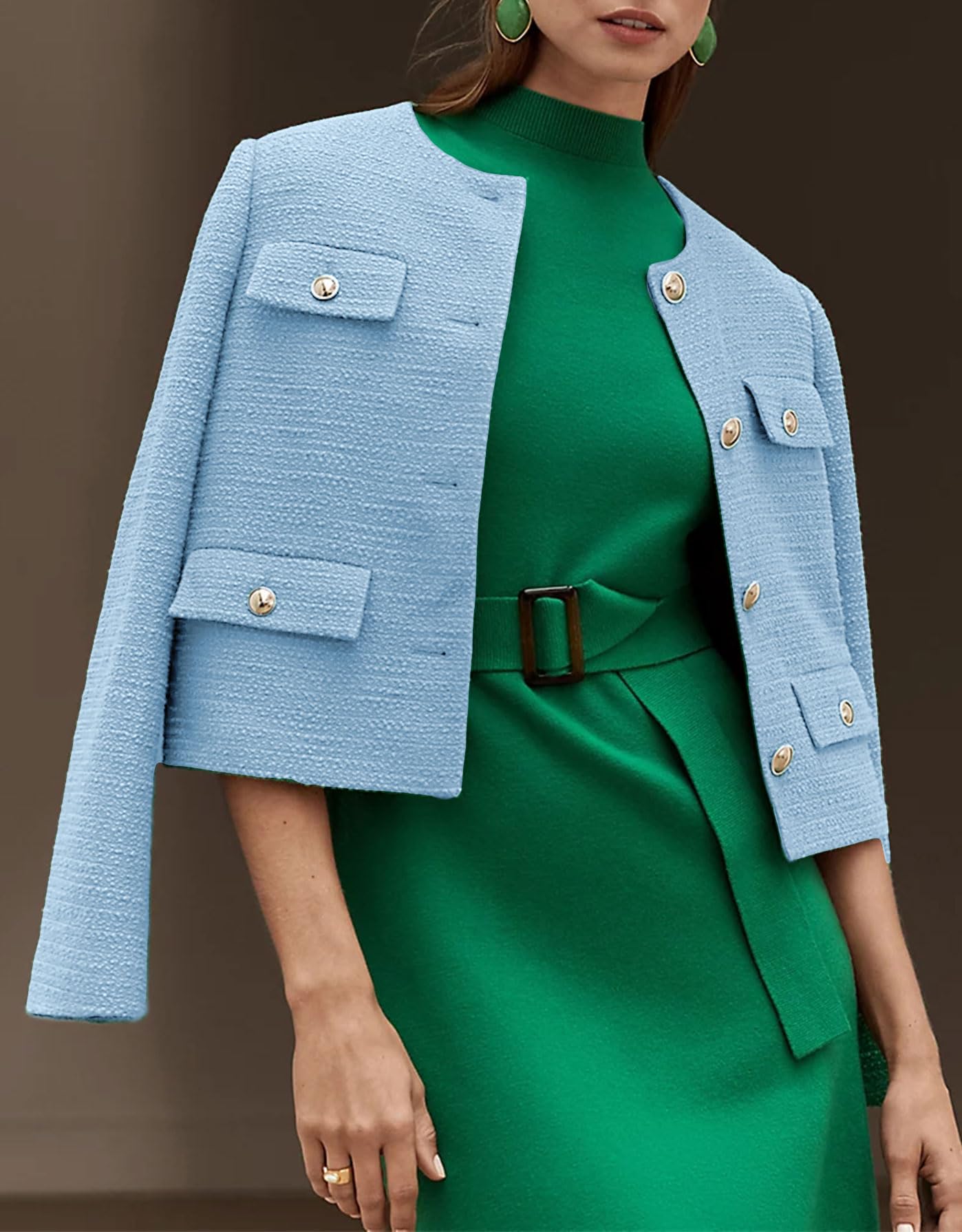 YEXPINE Blazer court en tweed pour femme, élégant, sans col, tenue décontractée