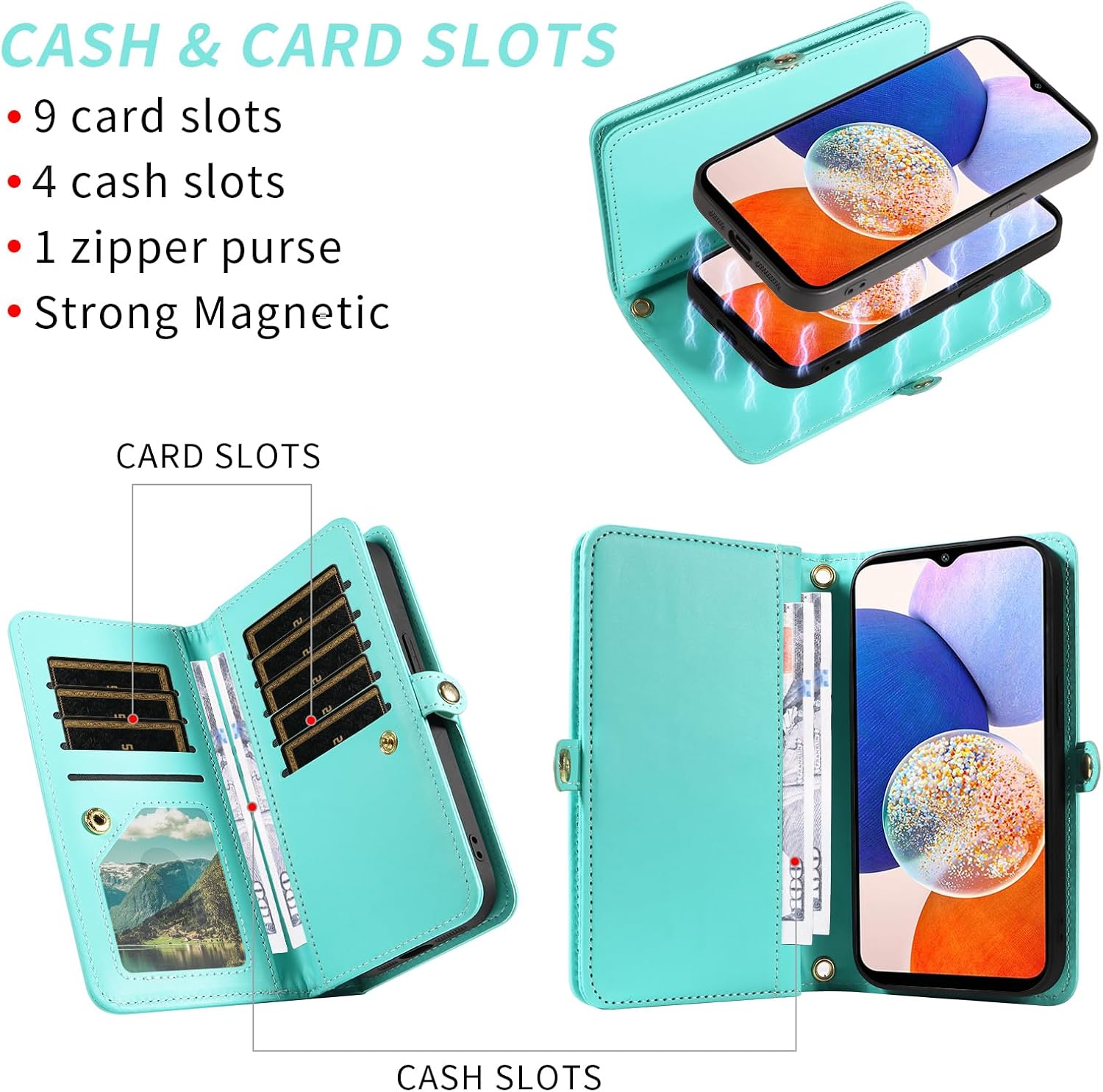 Asuwish Phone Case for Samsung Galaxy A14/M14 5G Zipper Wallet Detachable Cell Cover with Tempered Glass Screen Protector Crossbody Strap Bling Flip Credit Card Holder A 14 4G 14A 14M G5 Women Teal
