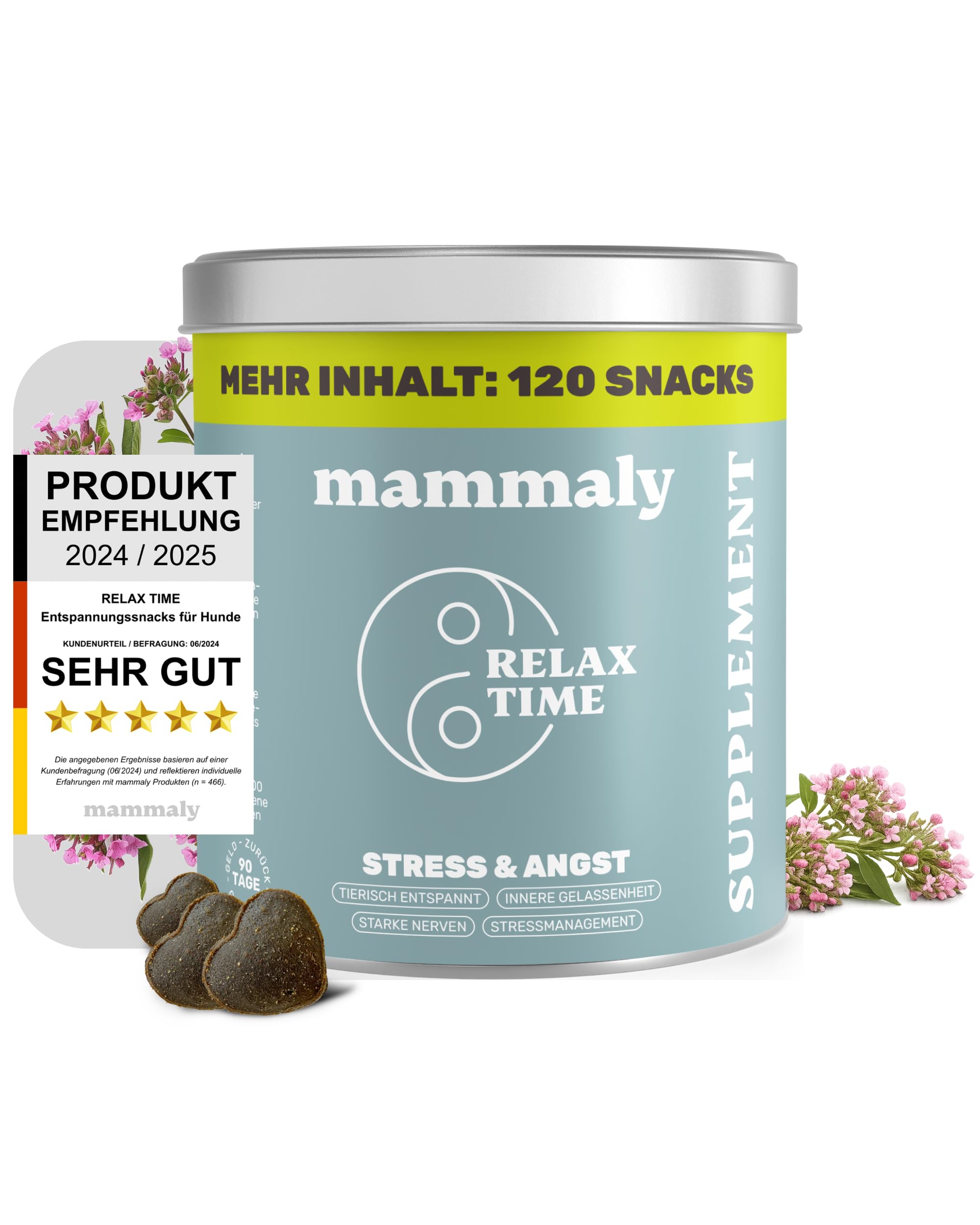 mammaly Beruhigungsmittel für Hunde Relax Time - 120 Leckerlis mit Baldrian & Zitronenmelisse (Entspannungs- & Anti-Stress-Mittel) leckere Snacks Seelenruhe & Entspannung Hund bei Angst/Stress