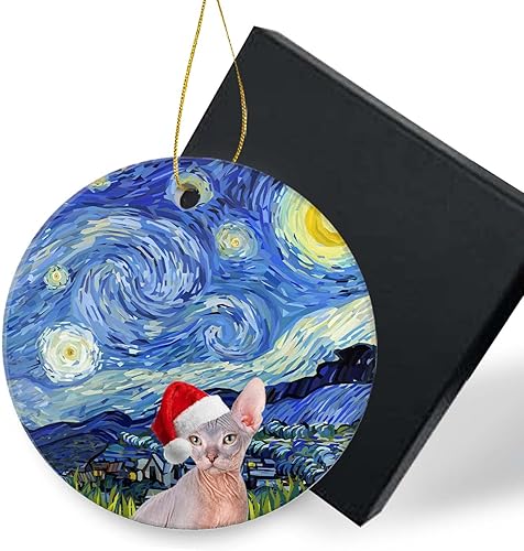Sphynx - Adornos de cerámica de Navidad para gatos 2024, lindo sombrero de Papá Noel, regalo de vacaciones, decoración del árbol de Navidad, adorno