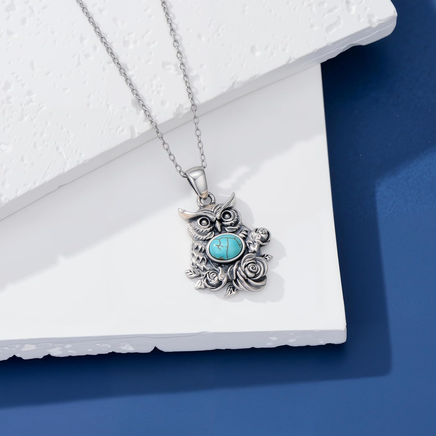 Turquoise Owl Necklace 925 Sterling Silver Genuine Turquoise Rose flower Owl Pendant Jewelry Gifts for Women - Image 2