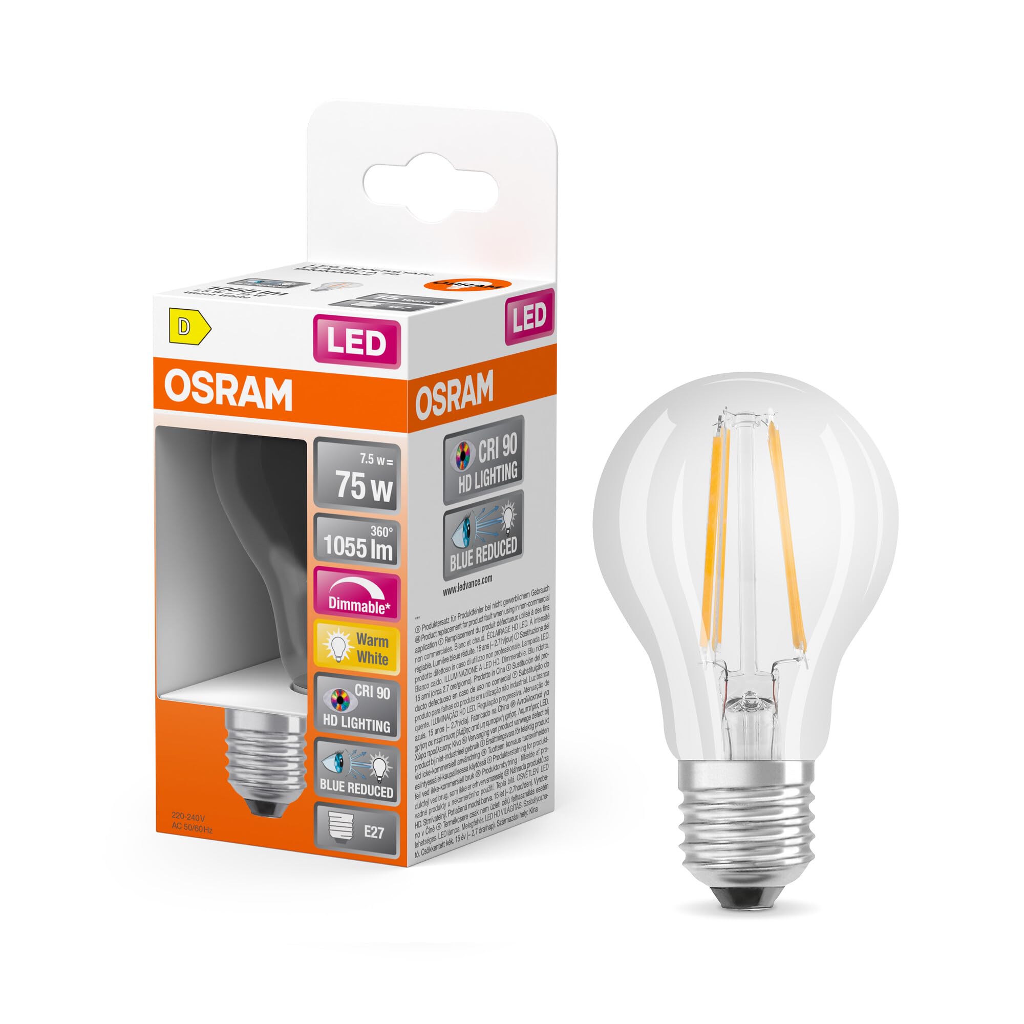 OSRAM Lamps Lampada LED, Forma a Lampadina, E27, 7.5 Watt, Trasparente, Bianco Caldo, 2700 Kelvin